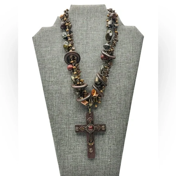 Vintage Rustic Boho Cross Statement Necklace Tiger Eye - Picture 1 of 15